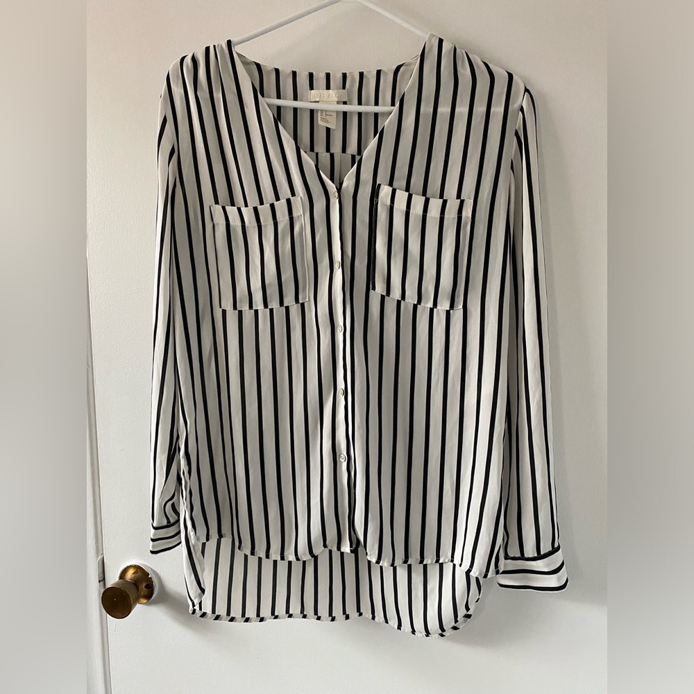 H&M Women’s White/Black Striped Silk Blouse Size 2